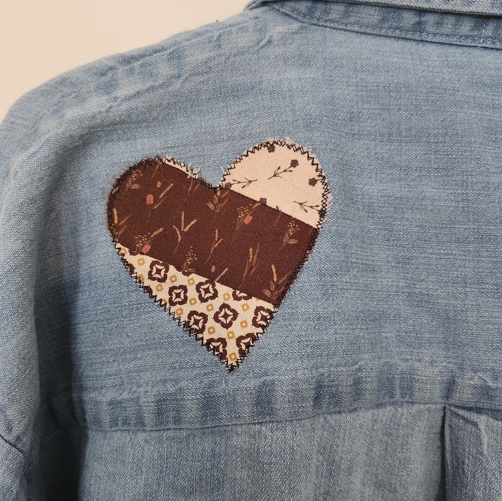 Re Worked Denim Shirt With Patchwork Hearts - Picture 4 of 9
